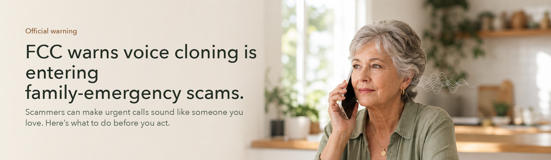 Older woman on a phone beside an official warning about AI voice scams entering family-emergency scams.