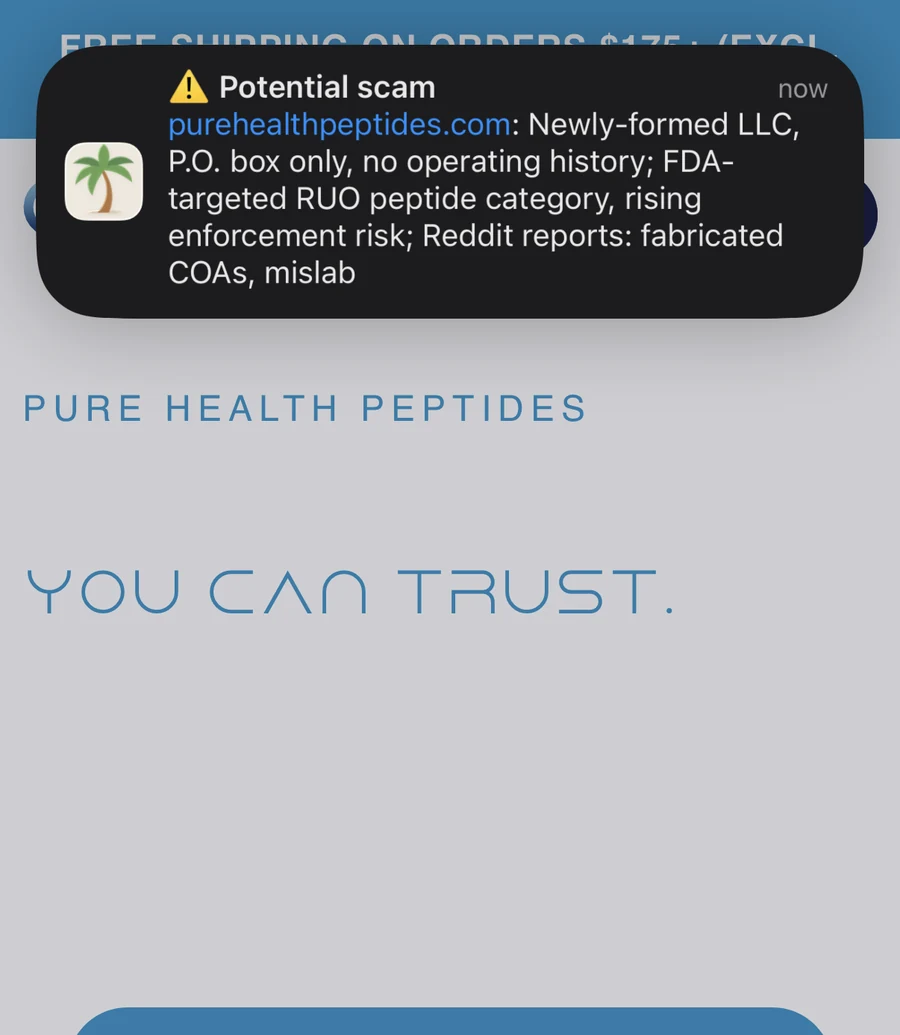 Mobile screenshot showing a Cabana warning on a peptide seller website.