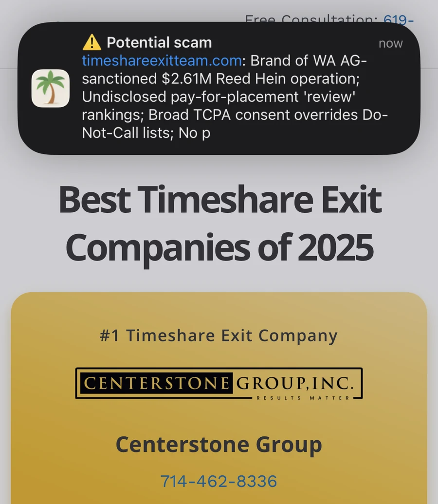 Mobile screenshot showing a Cabana warning on a timeshare exit ranking website.